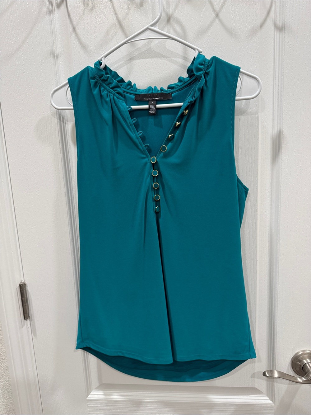 Ann Taylor Teal Sleeveless Ruffle-Neck Shell with Button Placket